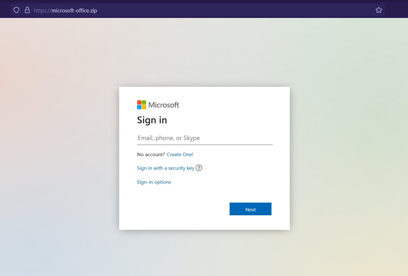 A possible Microsoft phishing site hosted at a .zip domain