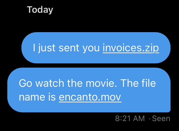 Twitter DM examples where .zip and .mov file names turned into links