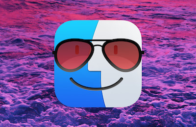 Finder icon macOS face logo with cool sunglasses on a beach with a purple sunset