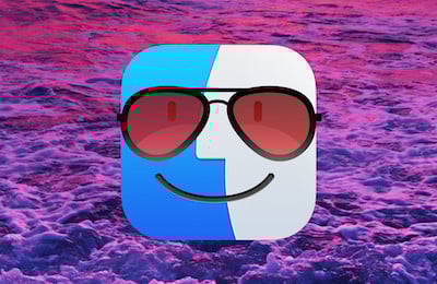 Finder icon macOS face logo with cool sunglasses on a beach with a purple sunset