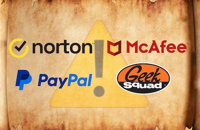 Norton, McAfee, PayPal, and Geek Squad logos, invoice scams, spam alert