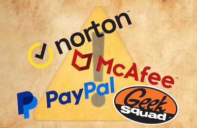 Norton, McAfee, PayPal, and Geek Squad logos, invoice scams, spam alert