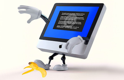 Downfall vulnerability Intel iMac falling down slipping on a banana peel with a kernel panic on screen