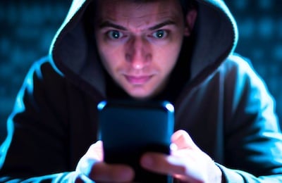 Hacker wearing a hoodie holding a smartphone iPhone depicting how unsafe lack of safety and security of SMS MMS text messages messaging