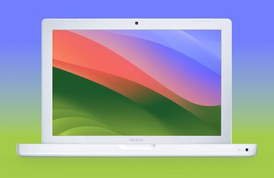 macOS Sonoma running on old unsupported Mac, a white MacBook (2009)