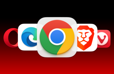 Chromium-based browsers Google Chrome, Microsoft, Edge, Brave, Opera, and Vivaldi logos app icons