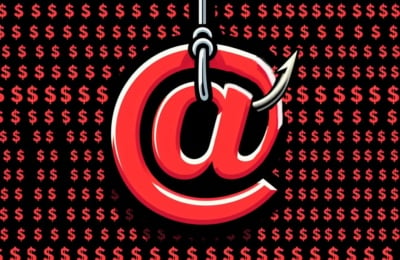 Phishing - red at @ symbol with fishing hook and dollar signs
