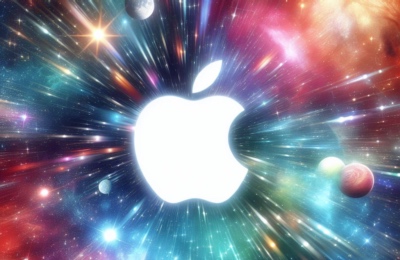 white Apple logo traveling at light speed through a galaxy