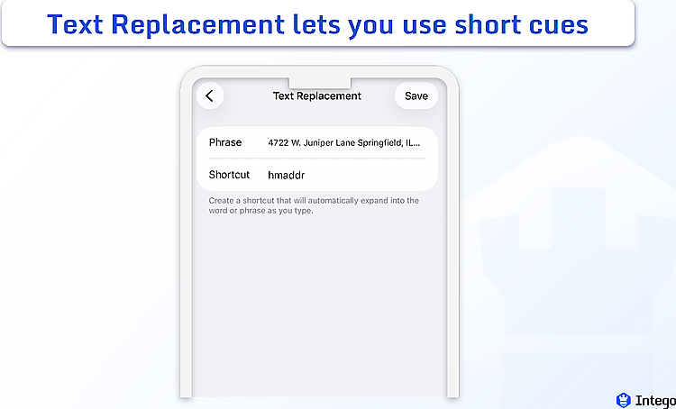 iOS image of Text Replacement home address shortcut example