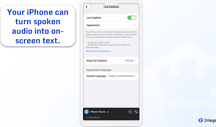 iOS Live Caption settings options