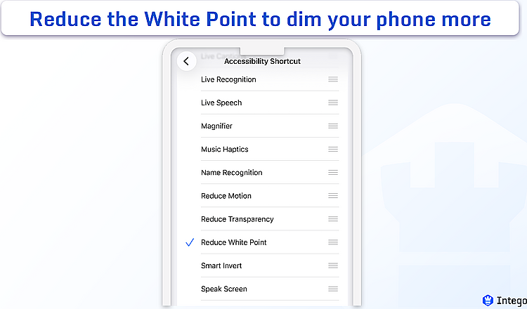 iOS accessibility shortcut showing "reduce while point"