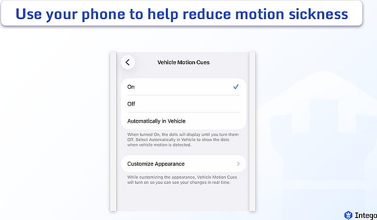 iOS accessibility settings showing Vehicle Motion Cues options