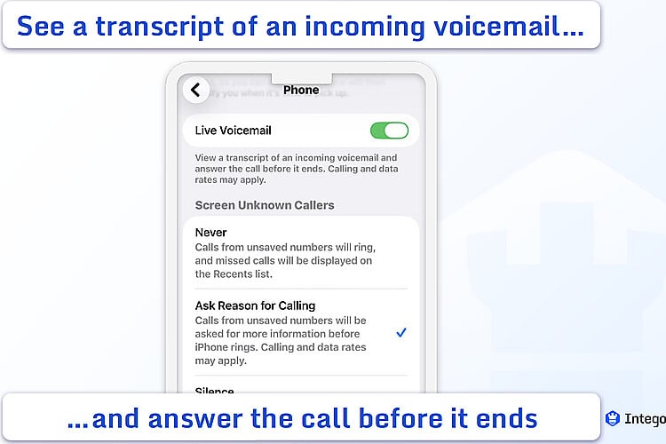 iOS settings showing Live Voicemail screening options