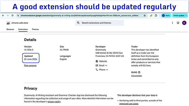 Chrome browser extension details page with date updated highlighted
