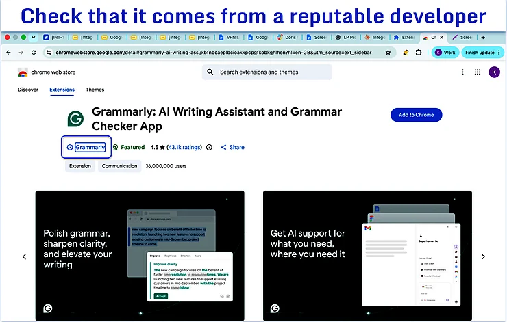 Chrome browser showing the owner of the extension highlighted