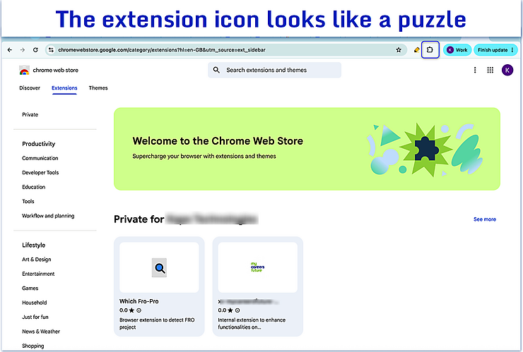Chrome browser with the puzzle-shaped Extensions icon highlighted in the toolbar