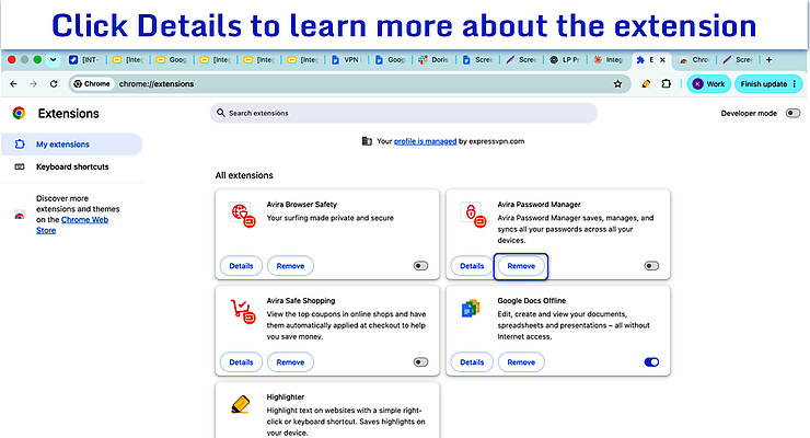 Extensions dashboard with the delete extension button highlighted