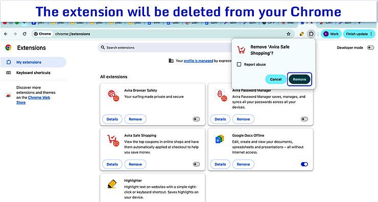 Extensions dashboard with the remove extension confirmation popup button highlighted