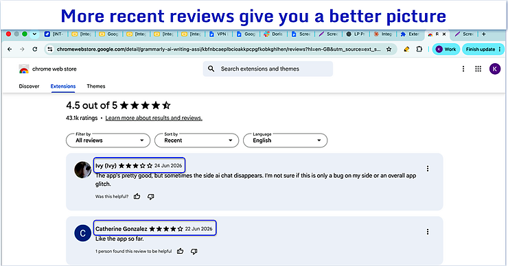 Chrome browser extension ratings page with user reviews highlighted
