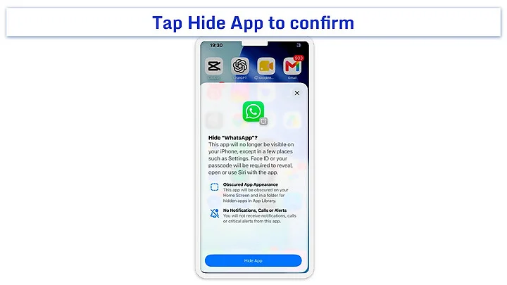 iPhone confirmation screen showing the Hide App button for Pinterest