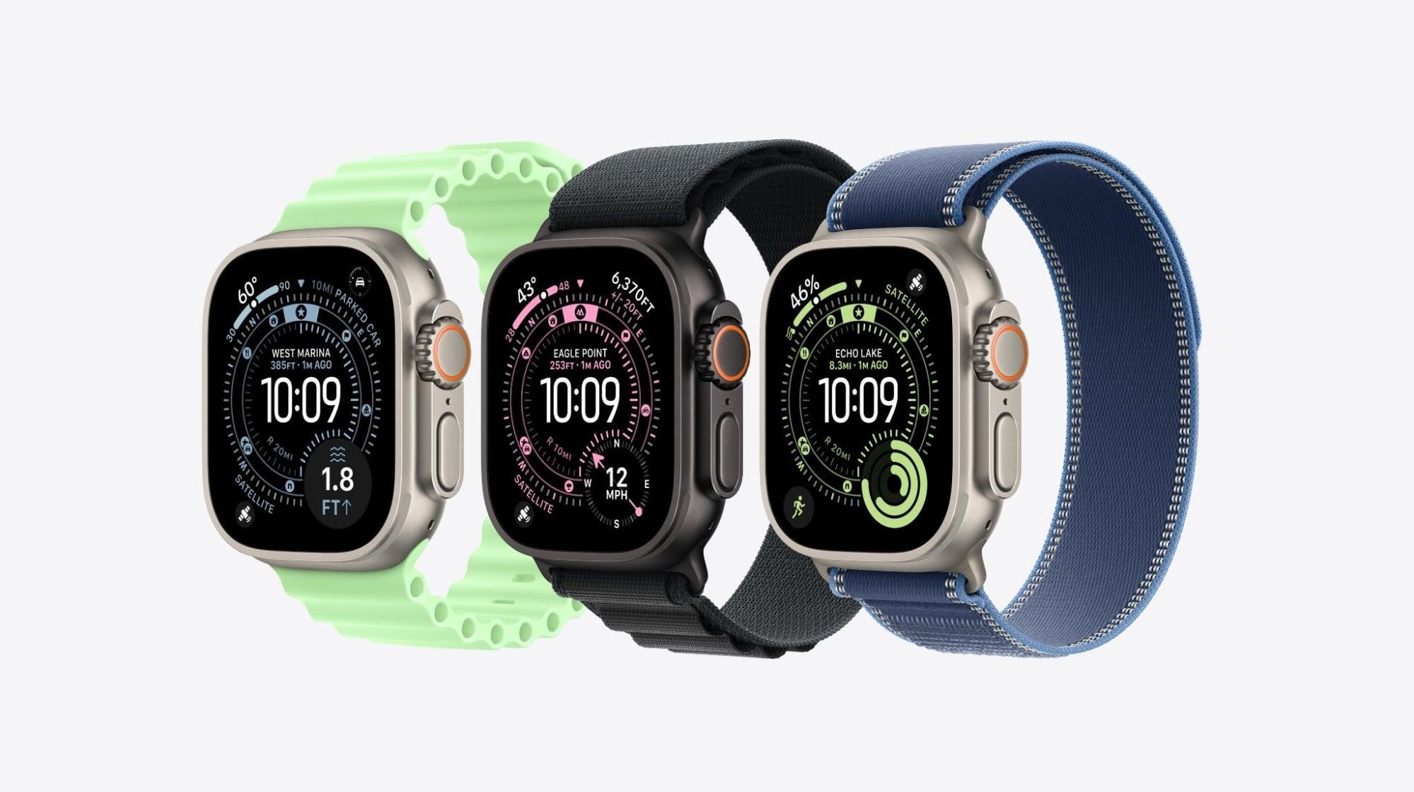 Press release image of three Apple Watch Ultra 3 watches