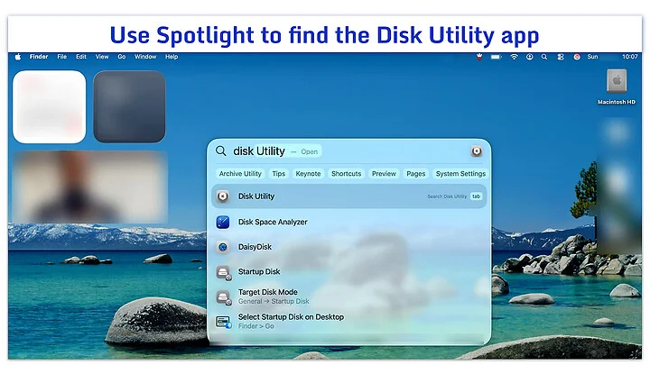 Spotlight search interface on Mac desktop showing the search term "disk" typed into the top search bar.
