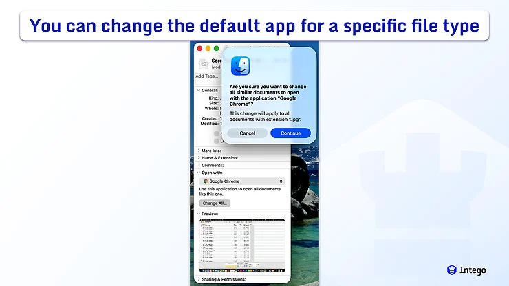 A macOS Get Info window showing a confirmation dialog box for changing the default app for opening a file.