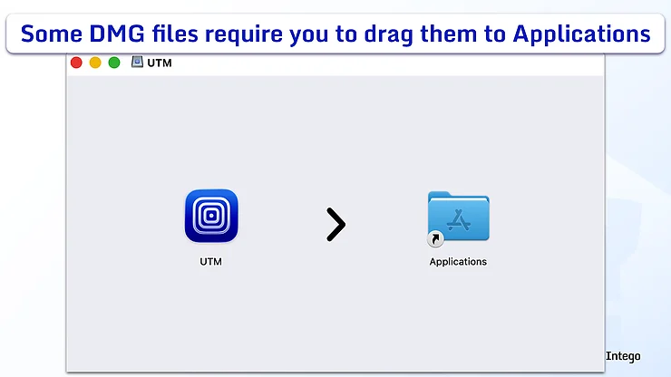 A macOS installer window indicating to the user to drag a DMG file into the Applications folder.