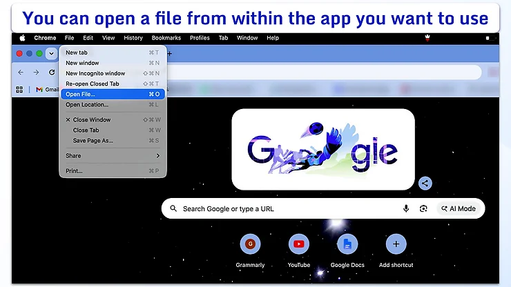 A Google Chrome browser window on macOS with the "File" menu open, highlighting the "Open File..." option.