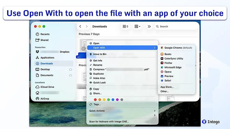 A macOS Finder window in the Downloads folder showing a file's right-click context menu with "Open With" highlighted.