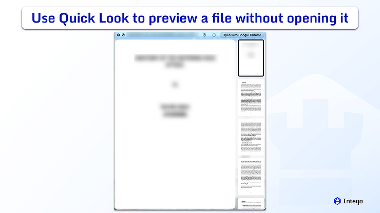 A macOS Quick Look preview window displaying a blurred multi-page document with thumbnails on the right sidebar.