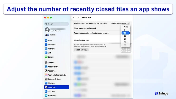 A macOS System Settings window focused on the "Menu Bar" settings, showing a dropdown number menu next to "Recent documents, applications and servers".