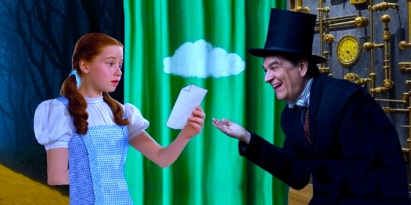 Illustration of uploading a document to a conversion site, depicting Dorothy cautiously handing a file to the Wizard of Oz