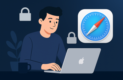 Illustration of a person using a MacBook in private browsing mode on Safari, with padlock icons symbolizing privacy and security.