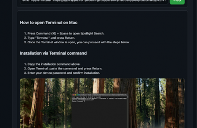 Screenshot of a fake “Download for macOS” page showing a “Terminal installation” command with a Copy button and steps for opening Terminal.