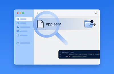 Finder-style window highlighting an app.asar file with a magnifying glass, representing analysis of a trojanized Electron ASAR payload.