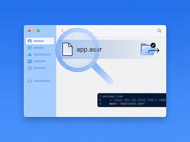 Finder-style window highlighting an app.asar file with a magnifying glass, representing analysis of a trojanized Electron ASAR payload.