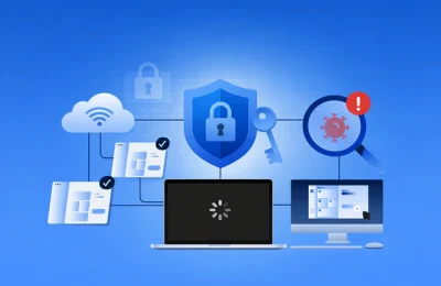 Managed security service provider illustration showing devices connected to a security shield