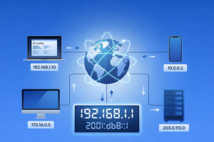 Blue illustration showing a laptop, phone, desktop, and server connected through IP addresses across the internet