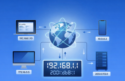 Blue illustration showing a laptop, phone, desktop, and server connected through IP addresses across the internet