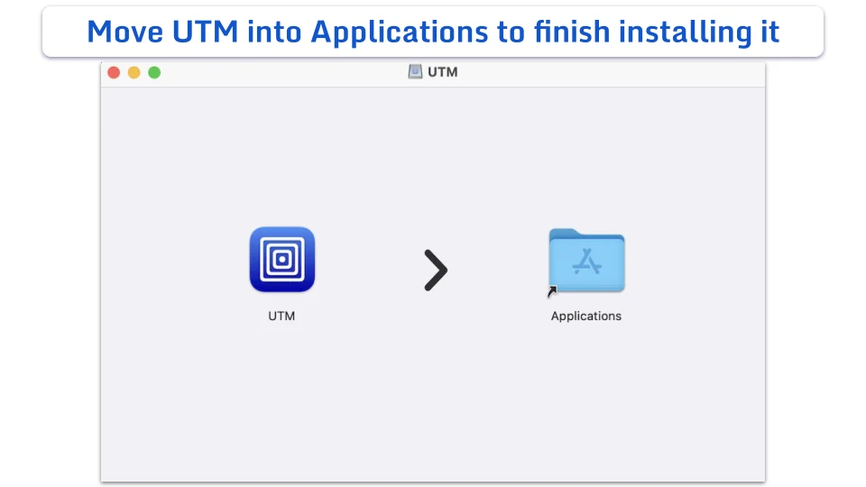 A macOS installer window indicating to drag and drop the UTM app into the Applications folder.
