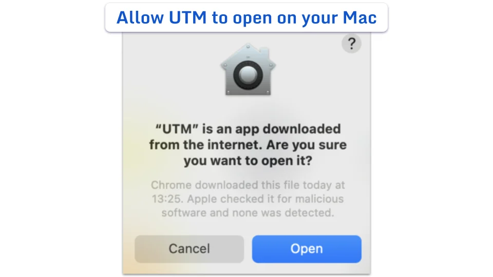 macOS system dialog box asking the user to confirm if they want to open the UTM app.