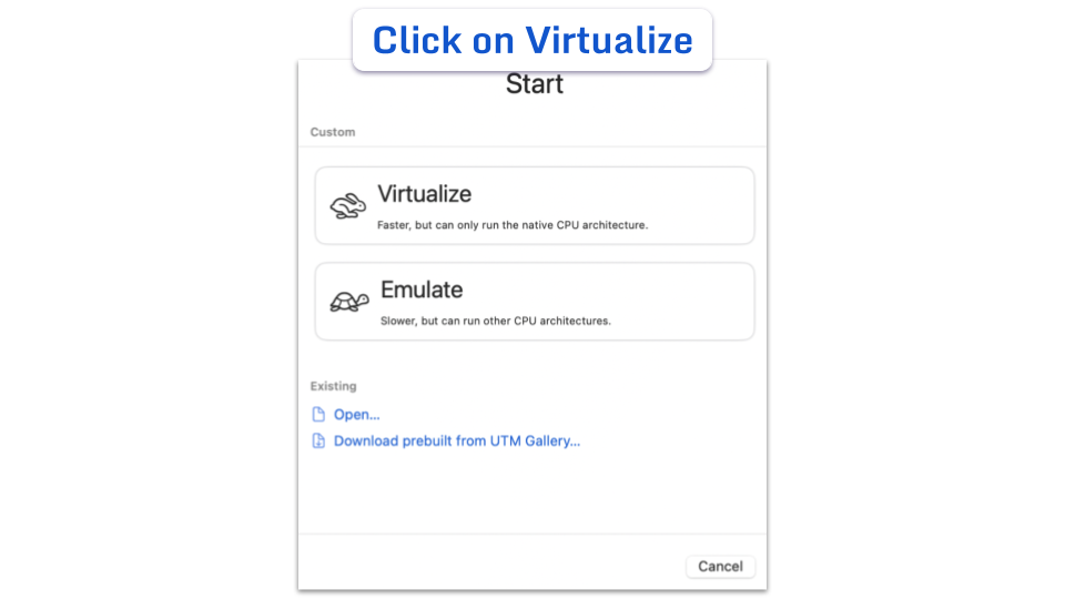 UTM setup window showing Virtualize and Emulate options.