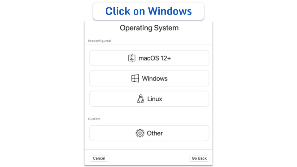 UTM setup window showing different options for operating systems.