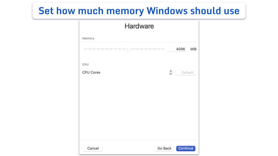 The Hardware settings screen in UTM showing a slider for Memory and a dropdown menu for CPU Cores.