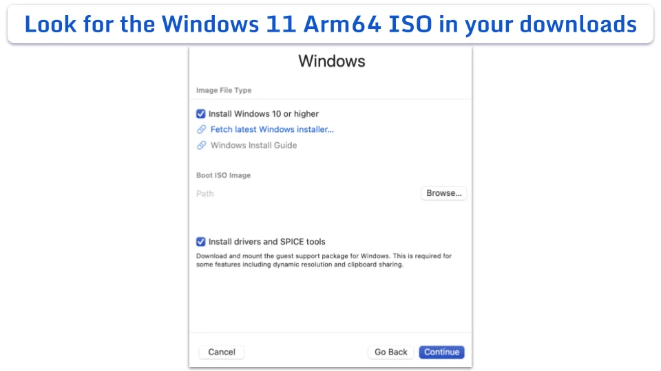 The Windows configuration screen in UTM with a checkbox selected for Installing Windows 10 or higher, and a checked box for installing drivers and SPICE tools.