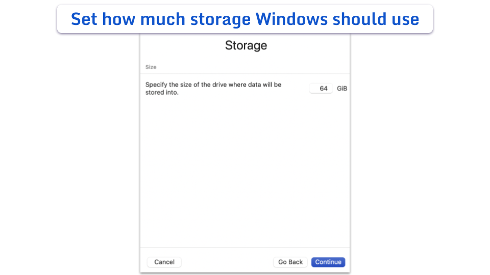 Storage setup screen showing a 64 GiB drive size field with Continue, Go Back, and Cancel buttons.