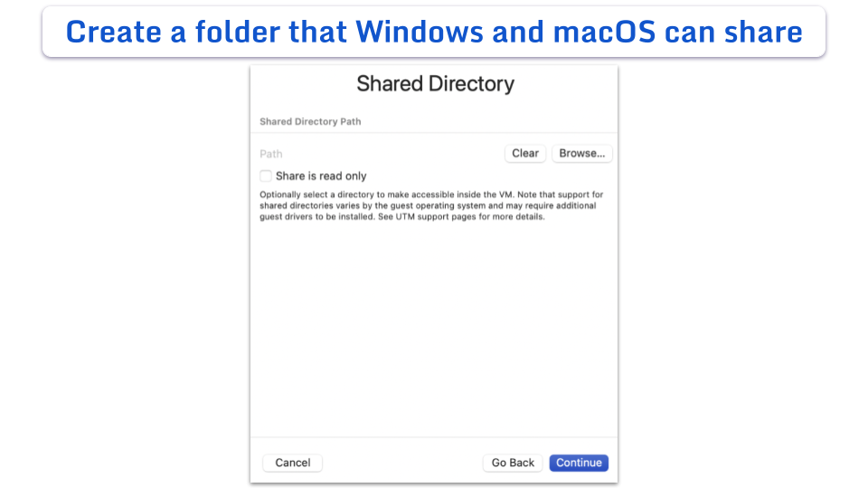 The Shared Directory configuration screen in UTM featuring a path field with Clear and Browse buttons, and an unchecked box for Share is read only.