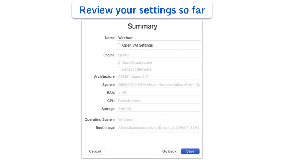 UTM screen showing summary of a user's setup.