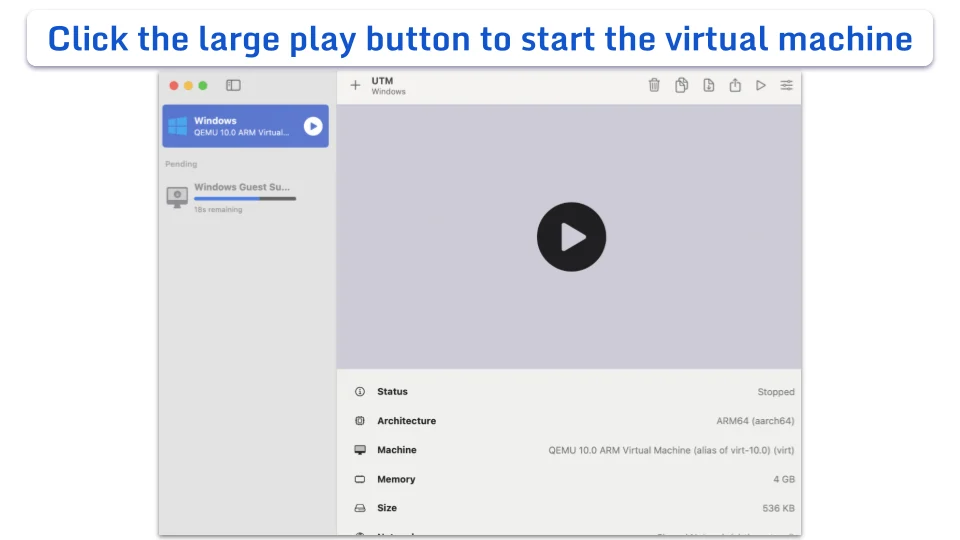 The main UTM interface showing a Windows virtual machine in the sidebar and a details view on the right.